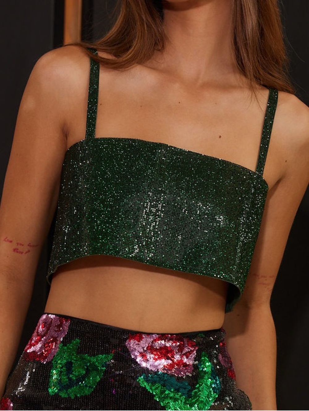 12th Tribe Rhinestone Crop Top in Emerald Green - Size M